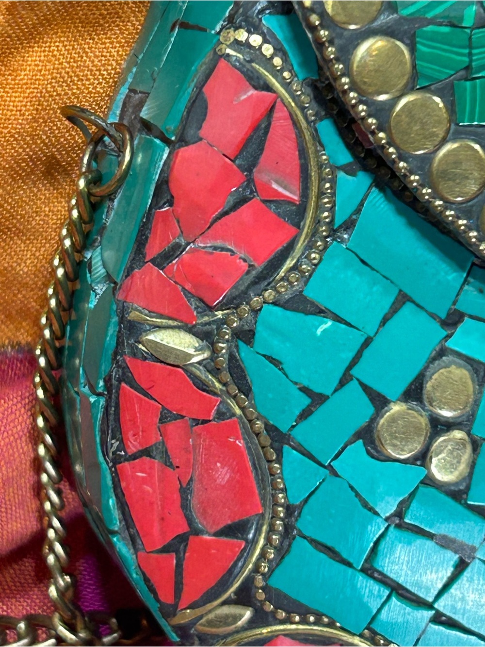 Vintage Turquoise & Red Mosaic Crossbody Tibetan Bag - Picture 6 of 12